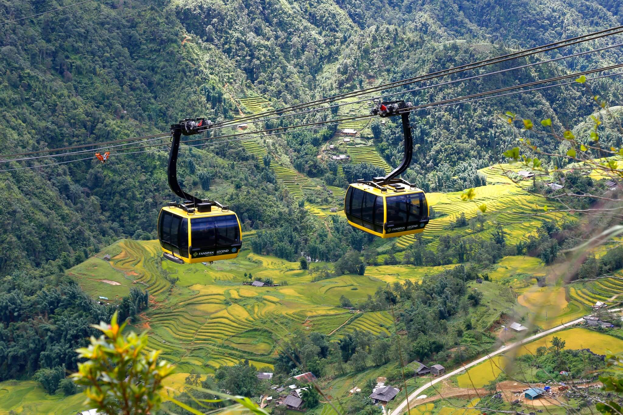 Cable car cabins crossing the Hoang Lien Son mountains