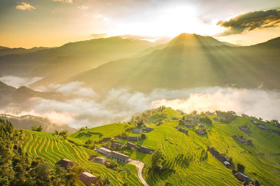 Morning light over terraced rice fields in the Sapa mountains