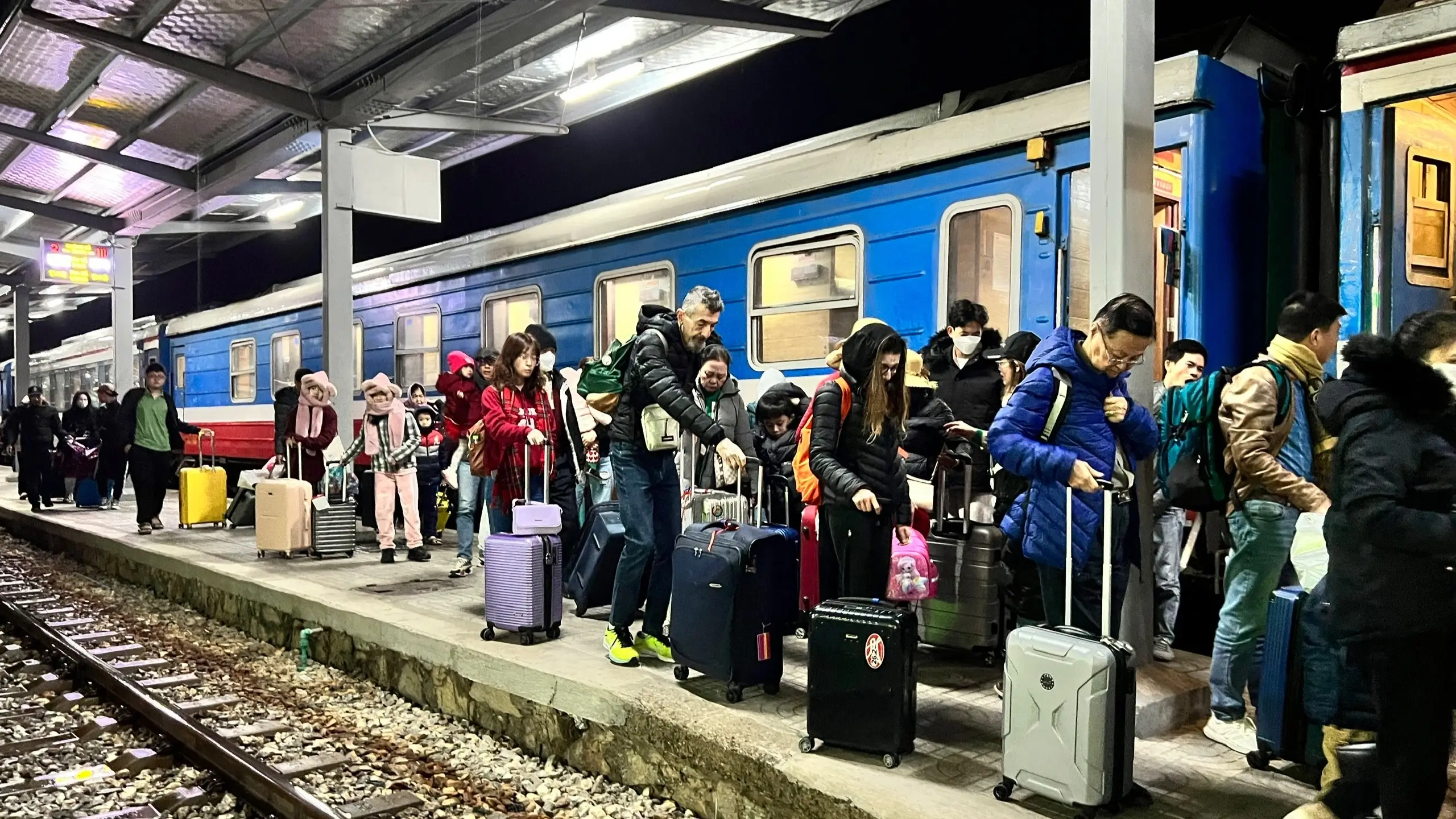 Overnight train arriving at Lao Cai station