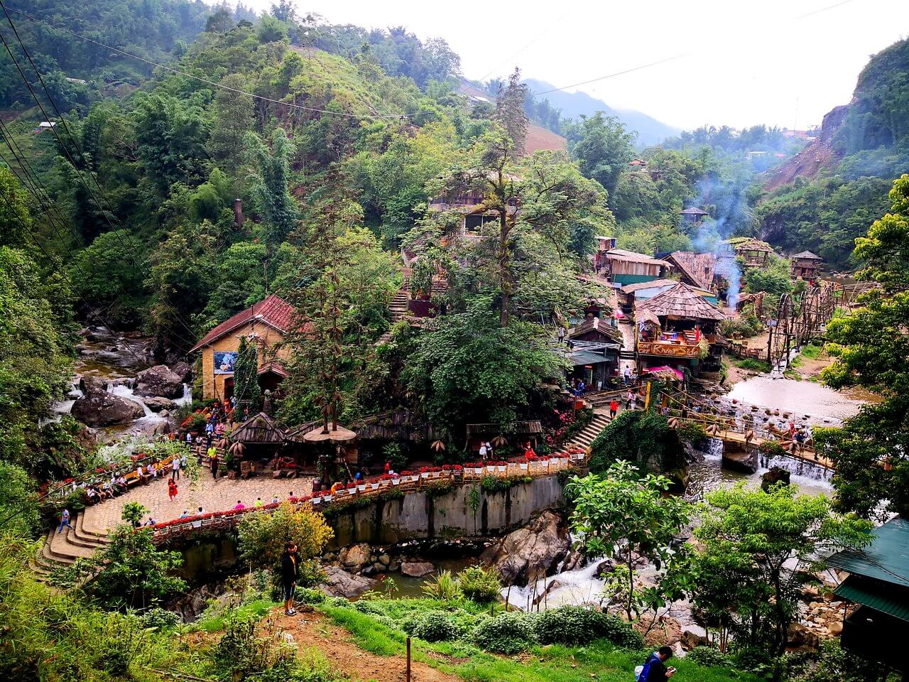 Panoramic view of Cat Cat Village and terraced rice fields in Muong Hoa Valley near Sapa
