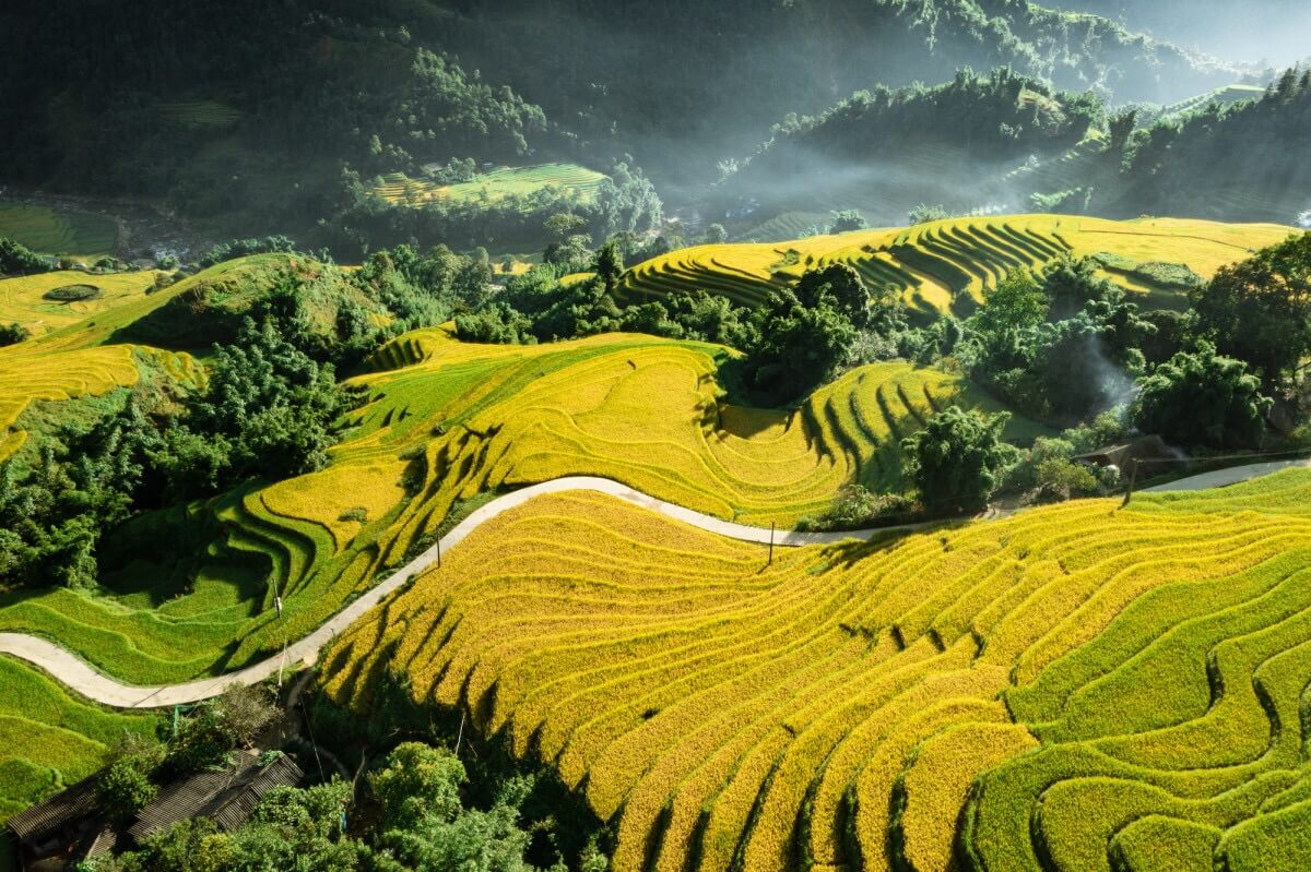 Panoramic view of Sapa town surrounded by misty mountains and rice terraces