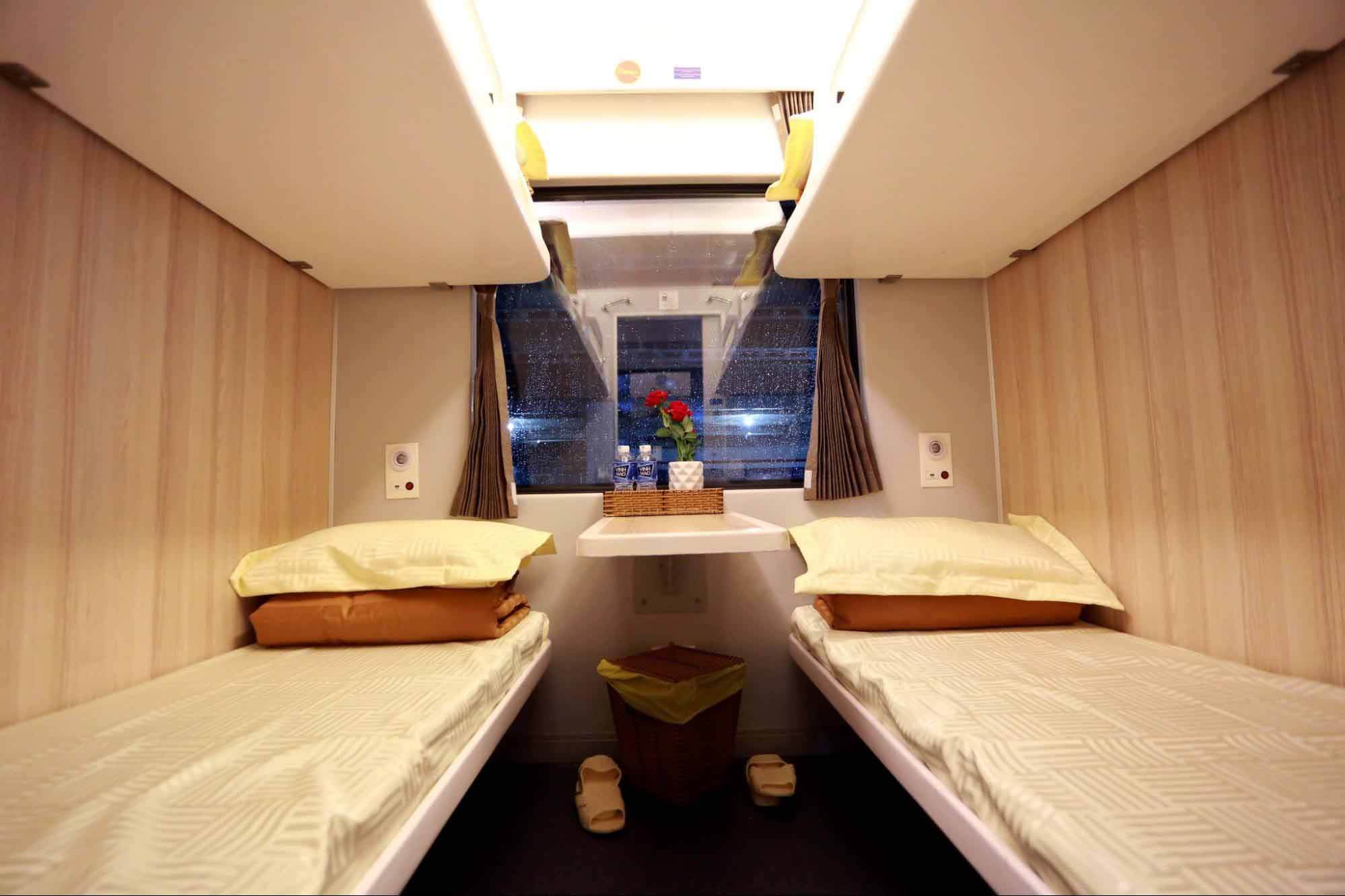 Comfortable sleeper cabin inside a long distance train in Vietnam