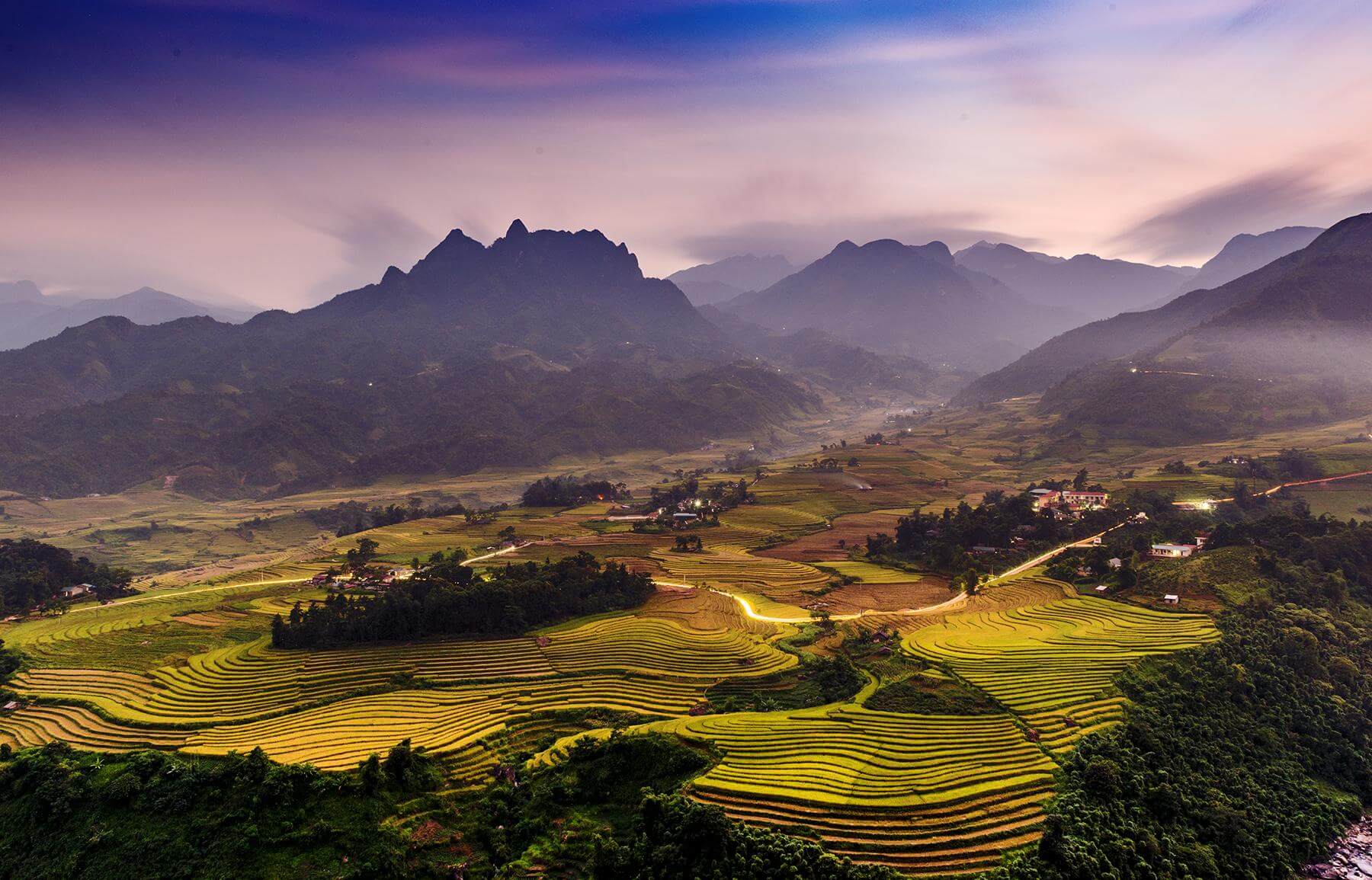 Panoramic view of Sapa rice terraces and mountain landscape in northern Vietnam