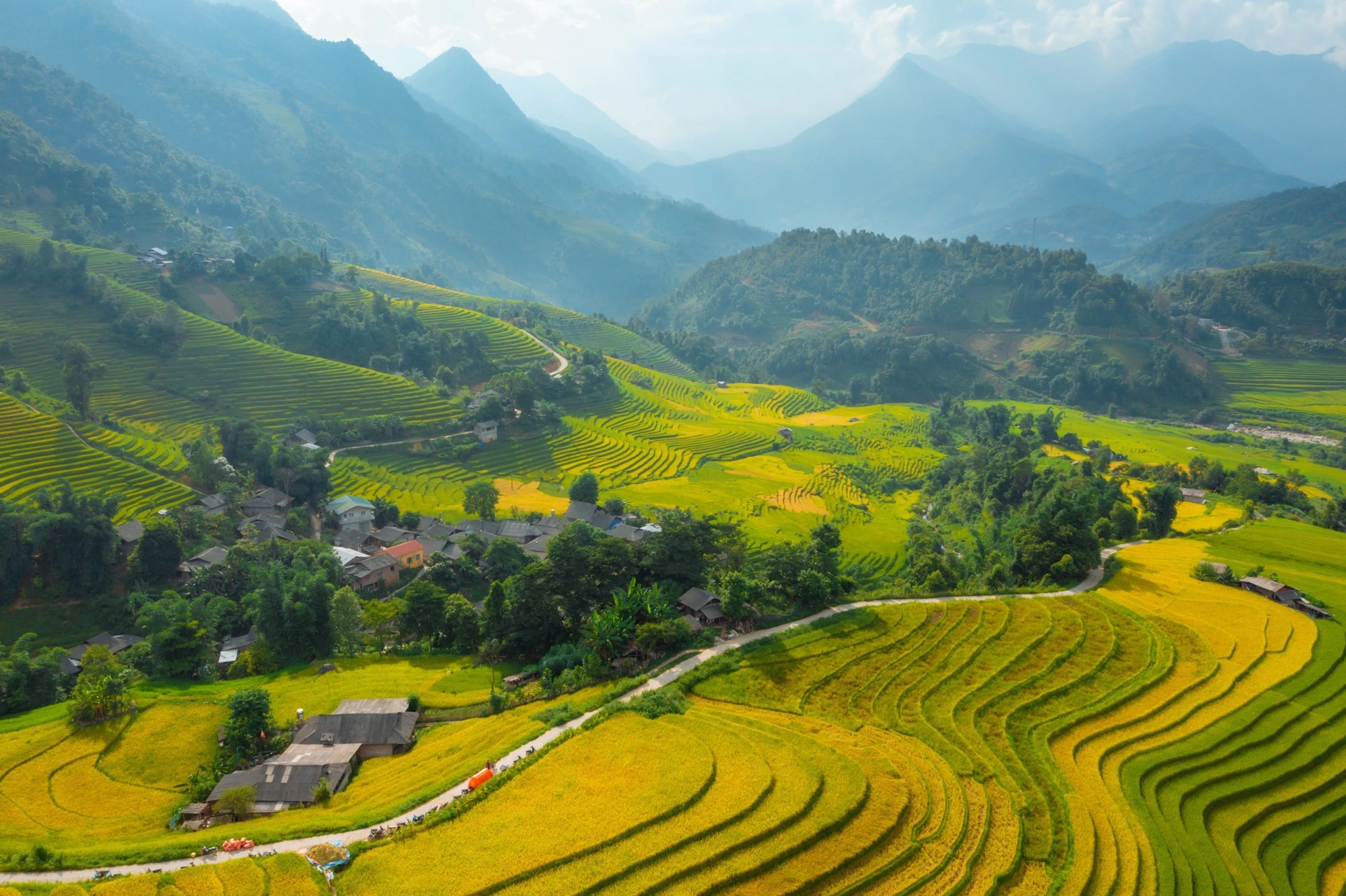Scenic mountain valley with terraced rice fields in northern Vietnam