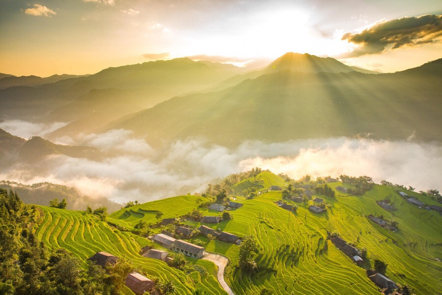 Terraced rice fields of Sapa under morning mist with mountain views