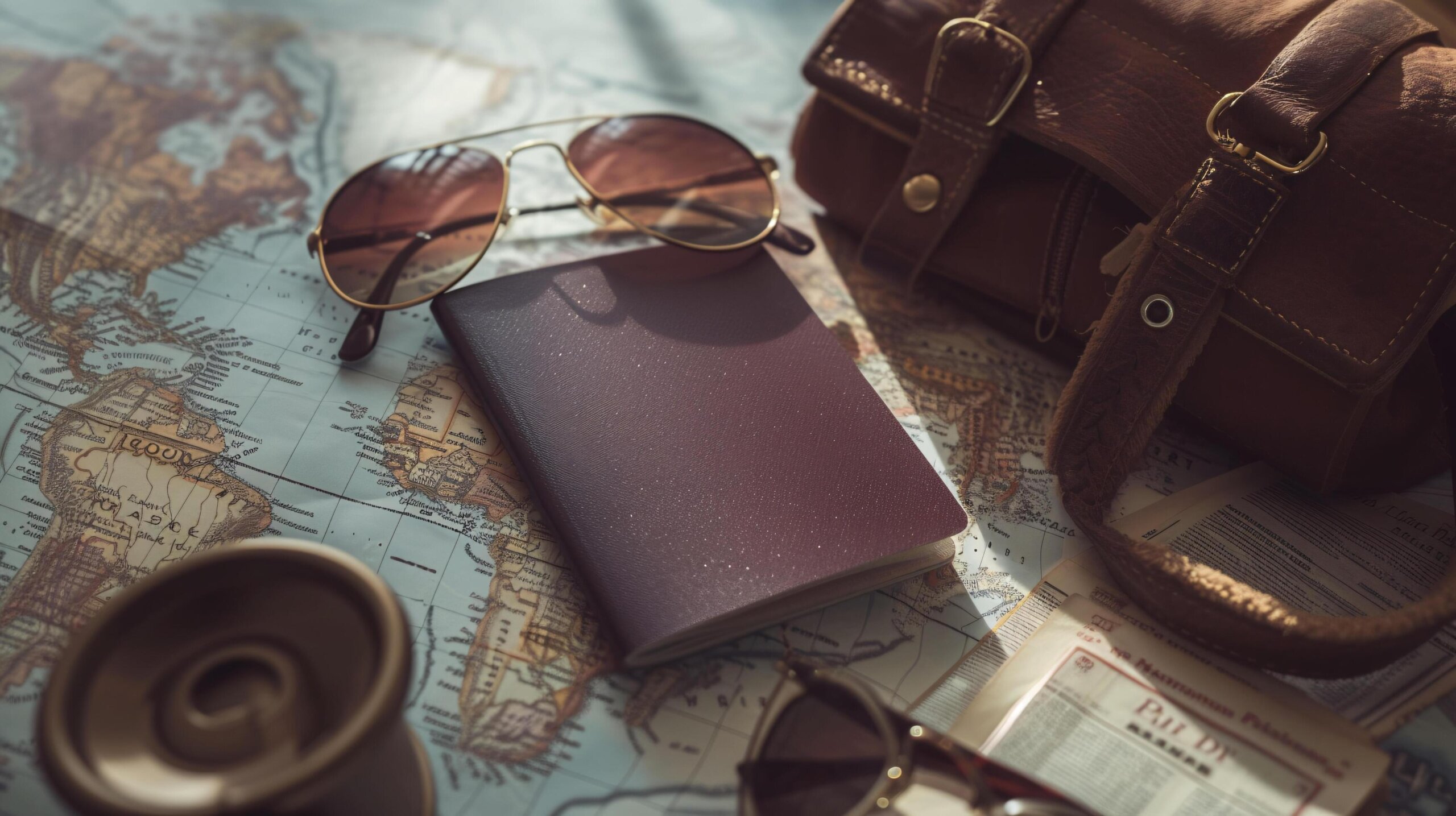 Travel essentials including cash, map, and travel documents